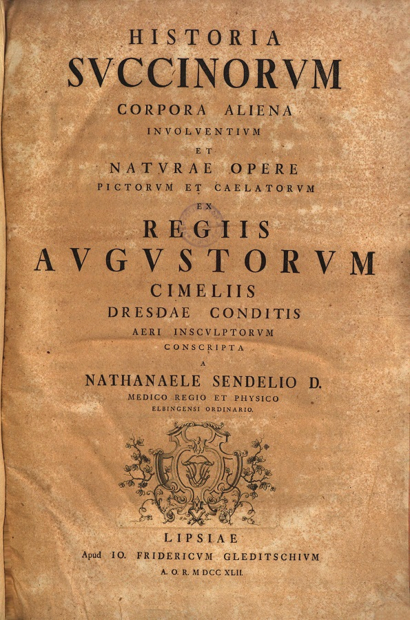 Strona tytułowa z dzieła Nathanaela Sendela „Historia succinorum corpora alieno anvolventium et Naturae opere...”