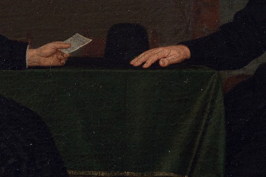 4. Portret Adriaena Corvera (zm. 1697) i jego żony Rijckie Teuling (zm. 1693)_Wil. 1697 4 fragment - dłonie - chusta i kartka.jpg