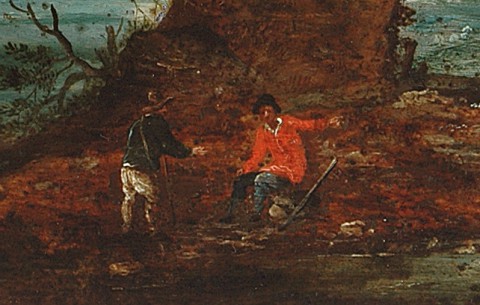 Fragment obrazu - dwie postaci nad brzegiem strumienia.