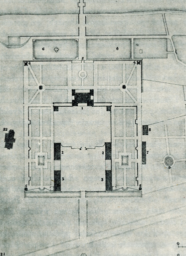 Czarno biały rzut, który pokazuje pałac w Wilanowie z lotu ptaka. Na mapie naniesione są budynki, rzeźby ogrodowe.