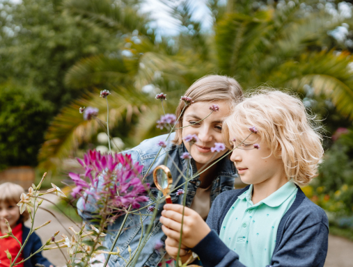 Dzieci i kobieta oglądajacy kwiaty. Starszy chłopiec trzyma w ręce lupę i patrzy na kwit.